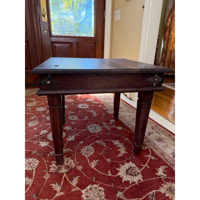 Indian Late 20th Century Rustic Dark Wooden Side Table With Spanish Style Metal Corner Brackets For Sale - Image 3 of 7