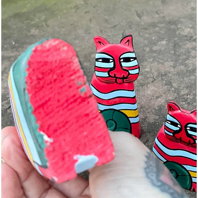 Wood Vintage Hand-Painted Wooden Folk Art Cats- Set of 3 For Sale - Image 7 of 10
