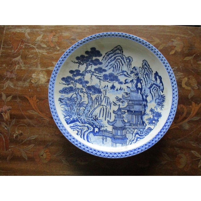 Chinese Early 20th Century Blue and White Porcelain Chinese Export Charger with Mountains, Pagoda For Sale - Image 3 of 7