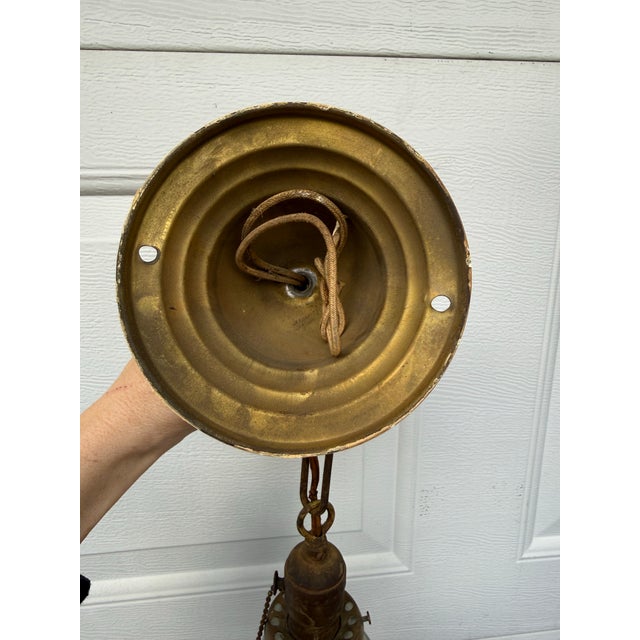 Metal Antique Pendant Light Fixture With Frosted Glass Shade For Sale - Image 7 of 8