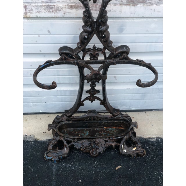 Black Early 20th Century Six Armed Iron Hall Tree With Small Center Mirror and Two Umbrella Racks and One Large Drip Tray For Sale - Image 8 of 11