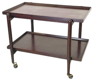 Italian Dark Wooden Serving Cart with Sliding Shelves and Brass Wheels, 1960s