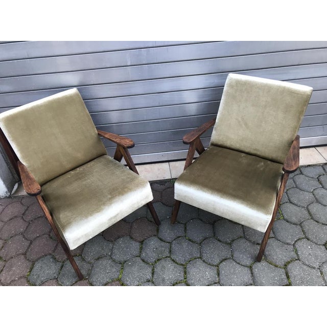 Set of olive armchairs, 1970s Two seats are in good condition, the foam and fabric have been replaced with new ones, the...