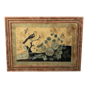 Vintage Old World Framed Silk Painting of Bird, Butterflies & Florals