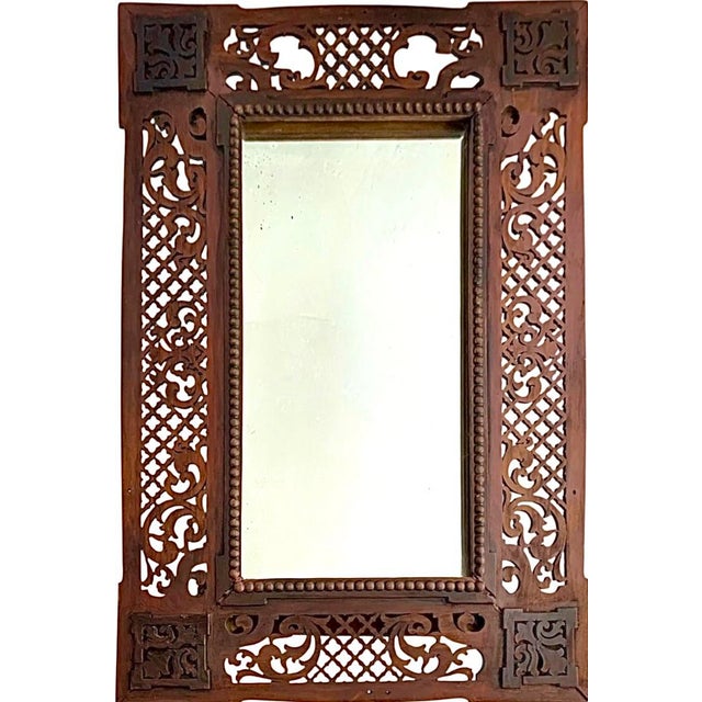 Moroccan Mid 20th Century Mirror Antique Moroccan Style Hand Carved Wood Lattice Ornate Design Boho Decor For Sale - Image 3 of 6