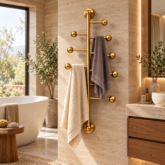Modern Brass Wall Mounted Towel Rack | Vertical Multi-Arm Towel Holder | Luxury Bathroom Decor | Modern Brass Towel Bar With Finials 36 Inches For Sale - Image 3 of 11