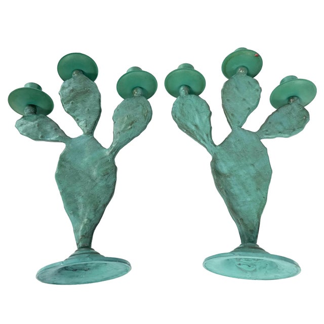Vintage 1990s Pair of (2) Turquoise Prickly Pear Cactus Candelabras Metal Candle Stick Holders For Sale - Image 15 of 17