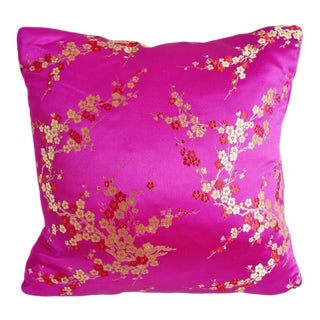 Vintage Fuchsia Pink Chinoiserie Satin Pillow For Sale
