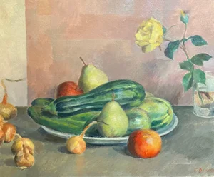Fernand Blondin, Zucchinis, Onions and Fruits, Oil on Canvas