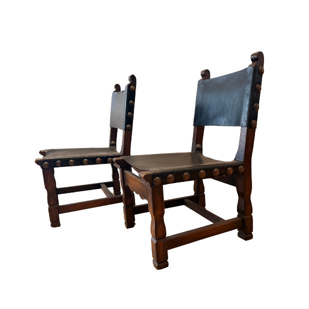 Pair of Vintage Spanish Brutalist Leather & Oak Accent Chairs For Sale - Image 4 of 13