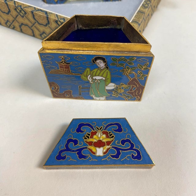 Peking Seven Hexagonal Cloisonné Enameled Trinket Boxes in Original Fabric Box For Sale - Image 10 of 12