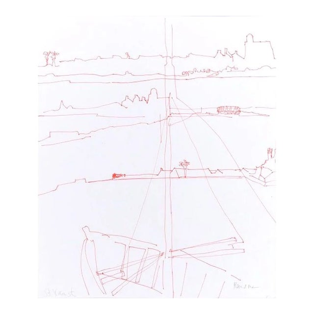 Ship - Red Pen Drawing on Paper - Mid 20th Century Mid 20th century For Sale