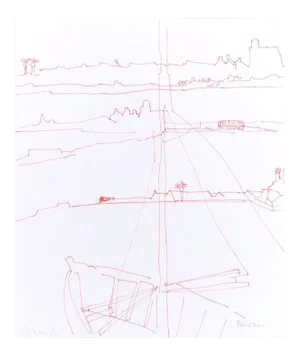 Ship - Red Pen Drawing on Paper - Mid 20th Century Mid 20th century