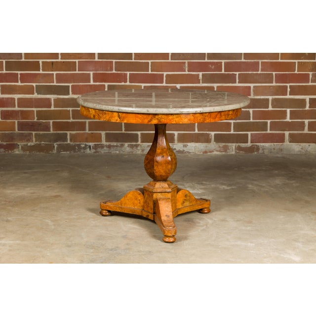19th Century French Empire Walnut Pedestal Table with Round Marble Top and Tripod Base For Sale - Image 9 of 11