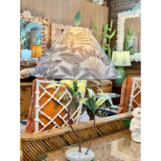 Vintage Sculptural Palm Tree Tole Lamp With Tropical Jungle Shade For Sale - Image 9 of 12