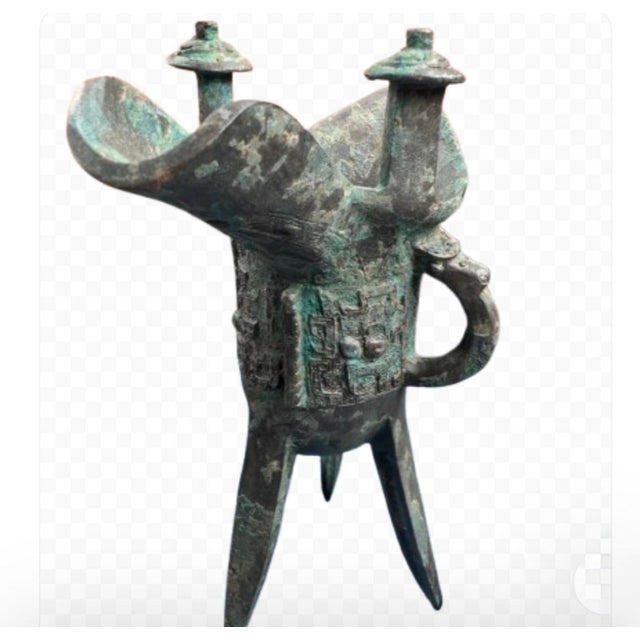 Chinese Archaic-Style Bronze Jue Wine Vessel Sculpture With Verdigris Patina For Sale - Image 9 of 12