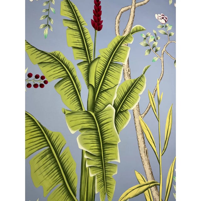 Art Deco Hand-Painted Blue Botanical Garden Wallpaper Panels, Tropical Chinoiserie Wall Covering - 3 Panels For Sale - Image 3 of 3