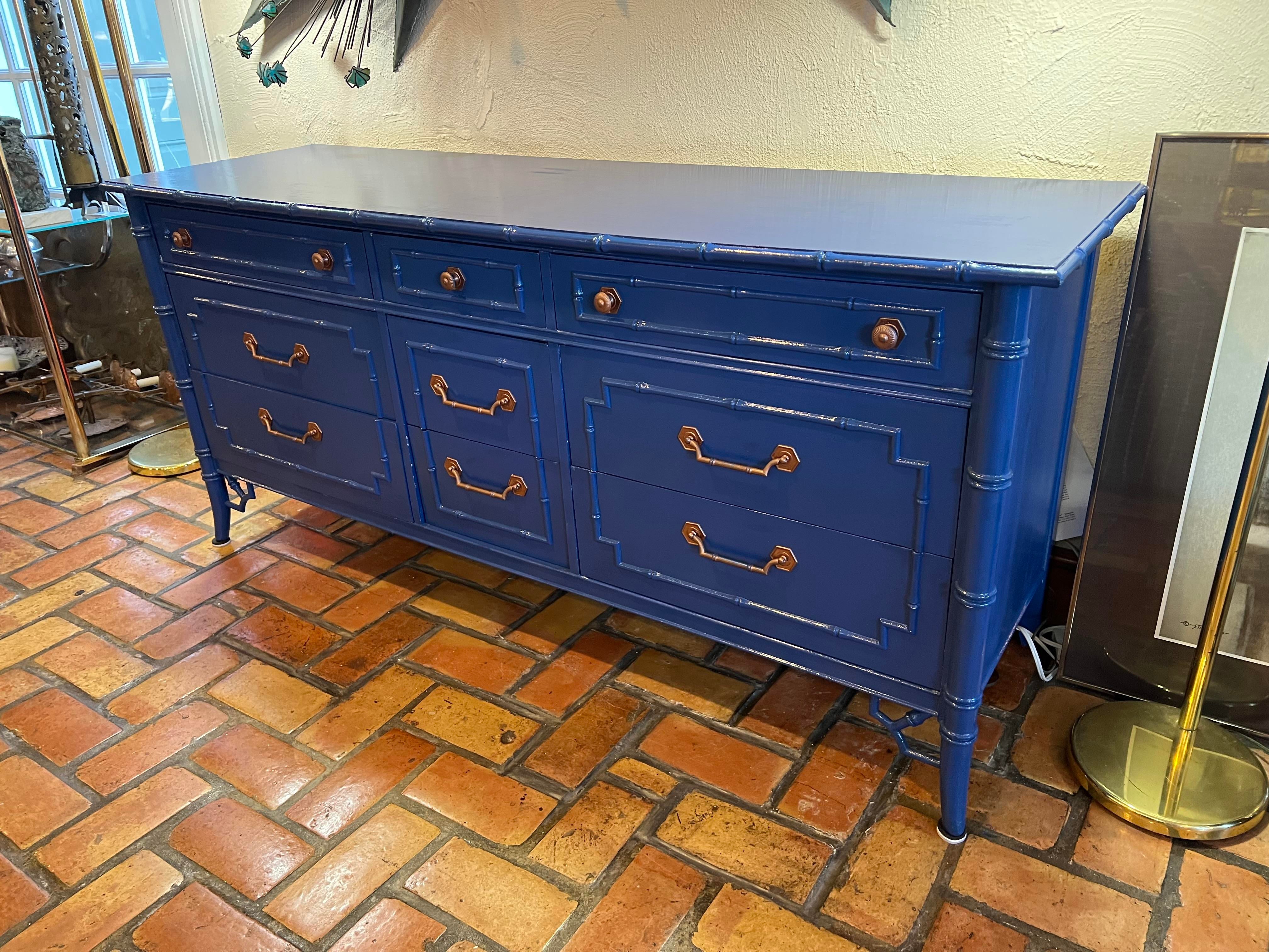 Thomasville Allegro Chinoiserie Faux Bamboo Dresser in Blue | Chairish