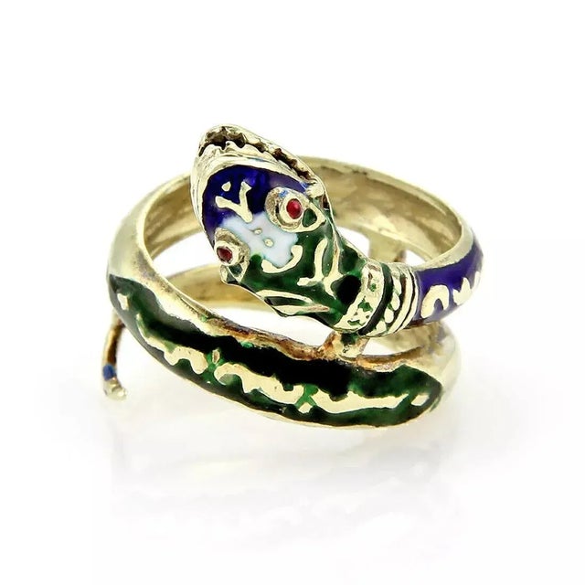 Enamel & Ruby Coiled 14k Yellow Gold Snake Ring - Size 9 For Sale In Miami - Image 6 of 12