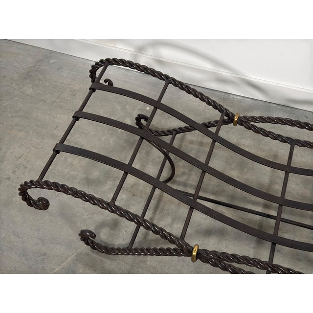 Vintage French Twisted Rope Wrought Iron Bench With Taupe Cushion For Sale - Image 11 of 12