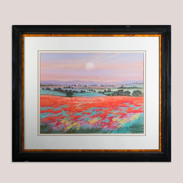 This original pastel landscape captures a panoramic view of rolling countryside bathed in the soft glow of a setting sun....