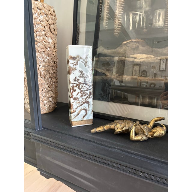 Mid 20th Century Vintage Mid-Century Japanese Hand-Painted Porcelain Square Sleeve Vase For Sale - Image 5 of 12