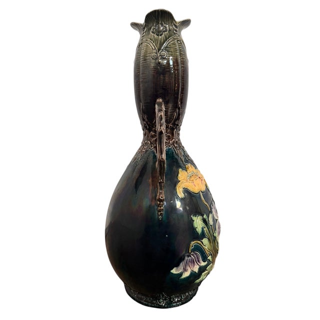Art Nouveau Early 20th Century French Art Nouveau Barbotine Majolica Faience Vase For Sale - Image 3 of 14