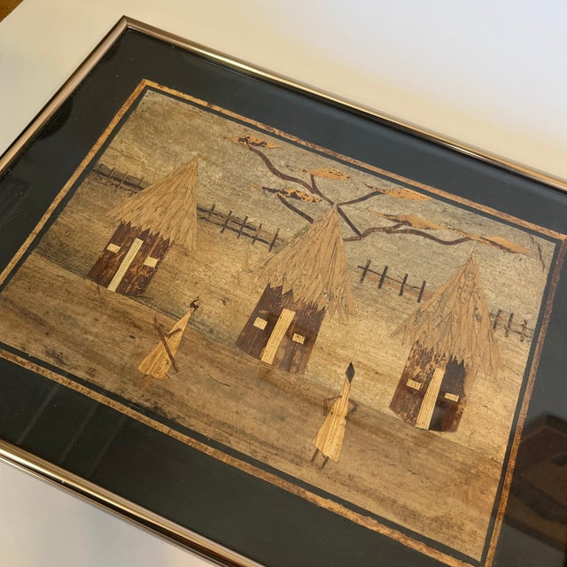 African 1980s Vintage African Dry Banana Leaf Art Two Women Working a Village Huts & Fence, Framed For Sale - Image 3 of 8