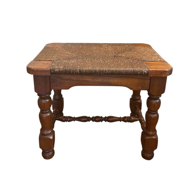 Mid 20th Century Vintage French Farmhouse Rush & Oak Stool / Footstool / Ottoman For Sale - Image 5 of 7