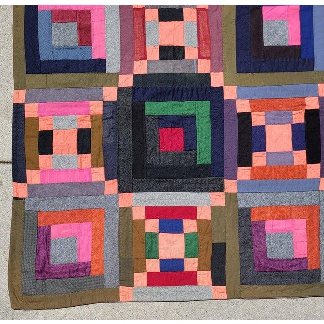 19th C Rare Wool Amish Log Cabin For Sale - Image 4 of 9