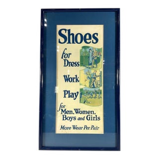 Grand-Scale 30x17 1920s Art Deco "Shoes for Dress, Work, Play" Framed Retail Sign For Sale