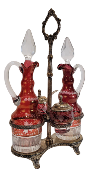 Bohemian Oil, Vinegar, Salt, and Pepper Set in Crystal and Silver-Plated Metal from Convoy, Czech Republic, 1940s