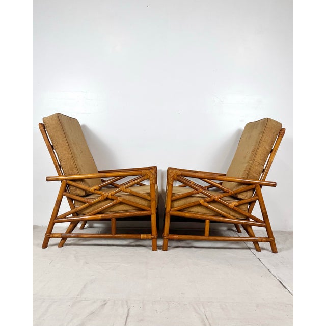 Wood Vintage Rattan Chinese Chippendale Lounge Chairs- A Pair For Sale - Image 7 of 12