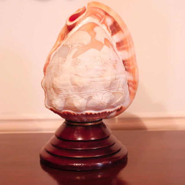 A full Italian conch shell with beautiful orange coloring, carved in cameo with a scene of the harbor of Naples, complete...