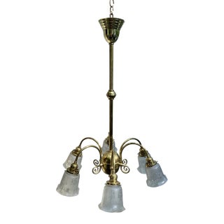 Vintage Six Arm Brass Pendant Fixture With Fleur-De-Lis Shades For Sale