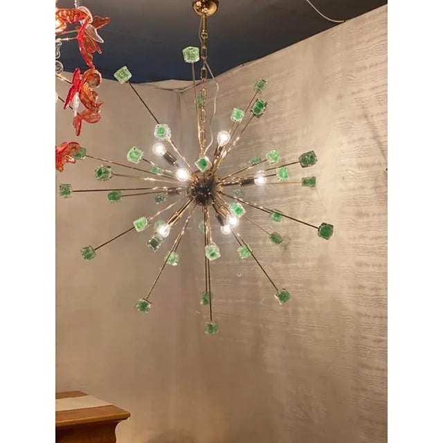Green Cubes Murano Glass Gold Sputnik Chandelier by Simoeng For Sale - Image 6 of 10