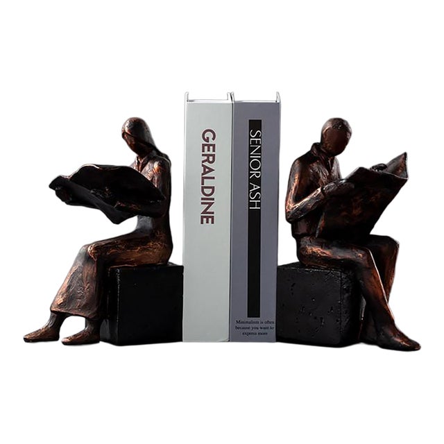 Vintage Style Bronze-Finish Reading Man & Woman Bookends | Chairish