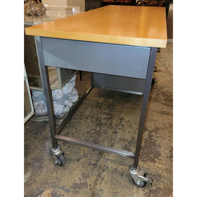 1990s Vintage Pottery Barn Three Drawer Metal Frame Wood Top Desk With Casters and Chair Chairish