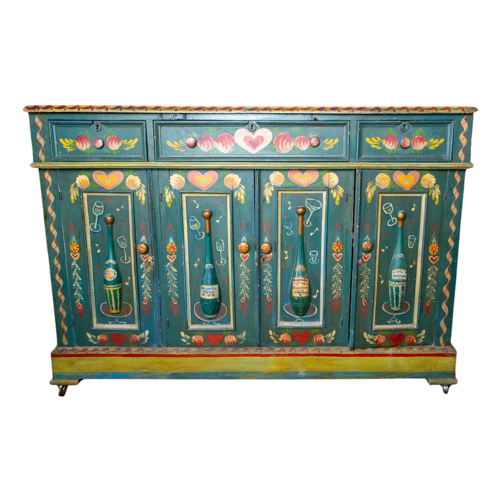 1940s Hand-Painted Folk Art Bar Cabinet by Peter Hunt in Green | Chairish