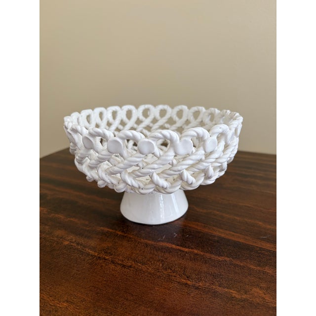 A gorgeous trompe l'oeil white French Country style reticulated porcelain woven rope basket cachepot or fruit bowl Spain,...