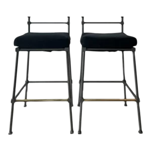Pair of English Midcentury Bronze Barstools With New Black Wool Velvet Cushions