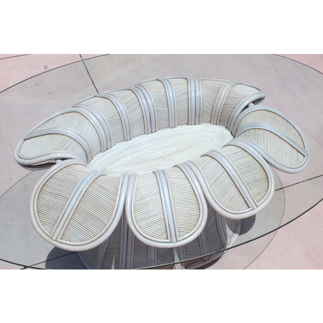 Vintage Hollywood Regency Style Flower Pencil Reed Rattan Pedestal Dining Table With Oval Glass Top For Sale - Image 10 of 18