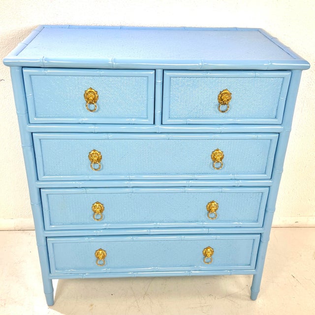 1970s Vintage Faux Bamboo & Woven Wicker Lacquered Chest of Drawers For Sale - Image 5 of 15