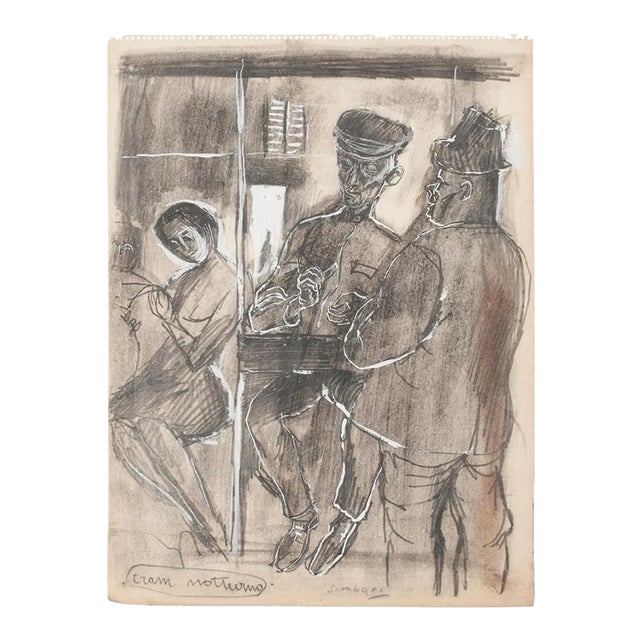 Tram Notturno (Night Tram) - Original Mixed Media by Nicola Simbari 1960s For Sale