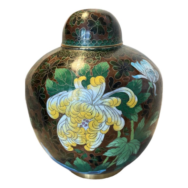Extra-Large Mid-Century Chinese Cloisonné Ginger Jar With Detailed Chrysanthemum and Plum Flower Motifs For Sale