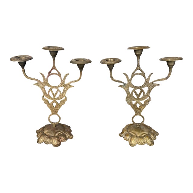 Antique Art Nouveau Period Pair of Neoclassical Three-Light Candlesticks, Gilt Brass or Bronze, Continental Europe, C. 1900 For Sale