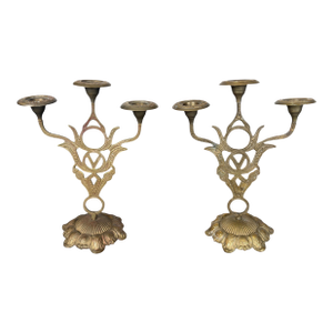 Antique Art Nouveau Period Pair of Neoclassical Three-Light Candlesticks, Gilt Brass or Bronze, Continental Europe C. 1900