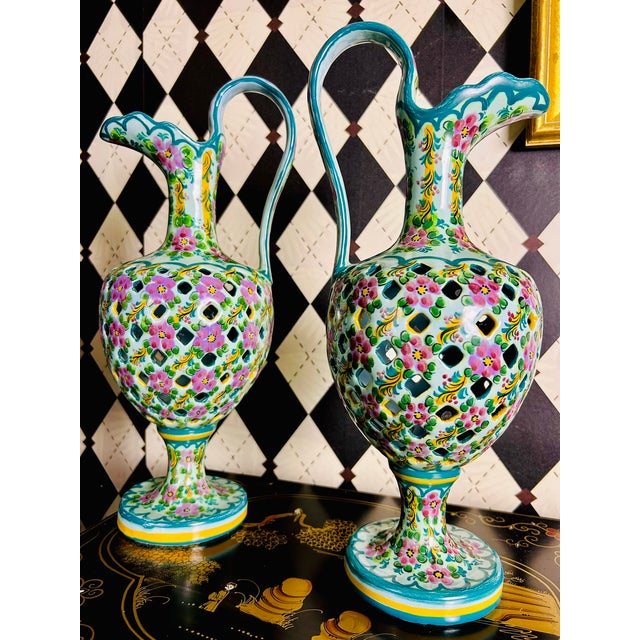 Pair Signed J. Leonardo Portuguese Hand-Painted Reticulated Ceramic Ewers, 15" For Sale - Image 16 of 17
