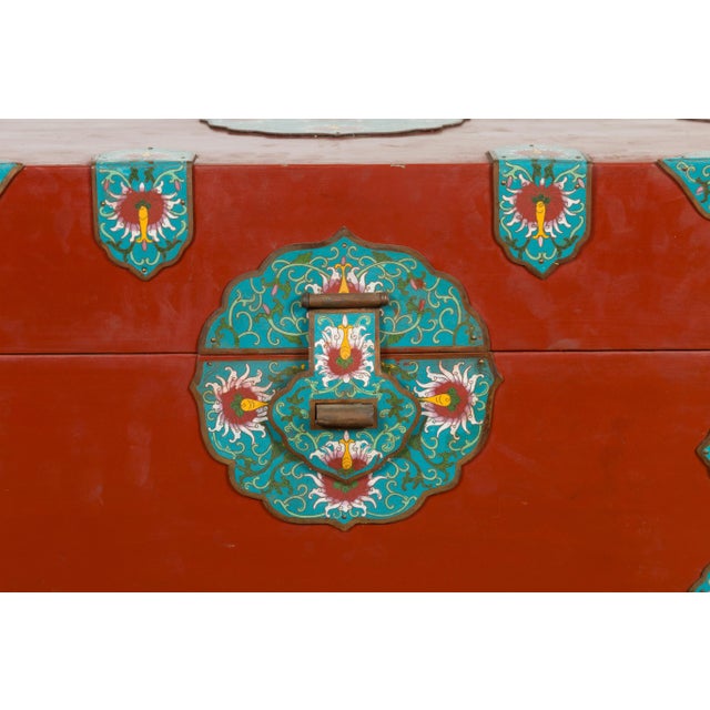 Chinese Vintage Blanket Chest with Red Lacquer and Cloisonné Floral Décor For Sale - Image 11 of 13