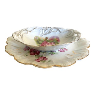 Vintage Victorian Style Dresden China Serving Bowl & Platter For Sale